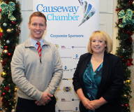 James Kilgore President of Causeway Chamber of Commerce welcoming Gillian Anderson Acting Agent for the Bank of England for the annual Bank of England briefing held at the Roe Park Hotel Limavady.     02 Chamber BoE 2023