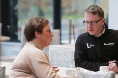 Joanne McKirgan of Europa Foods with Sean Kelly from the Riverside Theater at the annual Bank of England briefing held at the Roe Park Hotel Limavady.     05 Chamber BoE 2023