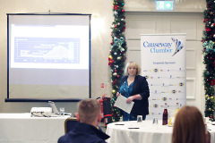 Gillian Anderson Acting Agent for the Bank of England addressing guests at the annual Bank of England briefing held at the Roe Park Hotel Limavady and hosted by Causeway Chamber of Commerce.         13 Chamber BoE 2023
