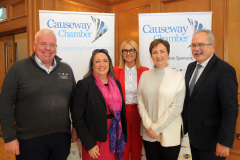 David Boyd of Roadside Garages with Bank of England Agent Frances Hill, Arlene McConaghie of Riada Resources, Causeway Chamber of Commerce President Ann-Maire McGoldrick and Ian Donaghey of Irwin Donaghey and Stockman at the Bank of England briefing held at the Atlantic Hotel Portrush. 13 BoE 2022