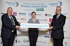 At the launch of the Randox sponsored Causeway Chamber of Commerce awards with Chamber of Commerce President David Boyd are from Randox Dr Laura Mooney and Mark Campbell.     29 Randox Chamber Awards Launch 2021