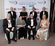 At the Presidents Tables for the Causeway Chamber of Commerce Awards 2021, seated l-r Cllr Richard Holmes Mayor Causeway Coast & Glens Borough Council,  Dawn McLaughlin  President Londonderry Chamber of Commerce, David Boyd President of Causeway Chamber of Commerce, Karen Yates Chief Executive Causeway Chamber of Commerce, standing,Vice Chancellor Professor Paul Bartholomew Ulster University, Coleraine, Sarah Travers Event Host, David Jackson Chief Executive Causeway Coast & Glens Borough Council and Des Gartland Invest NI.   01 Chamber Awards 2021