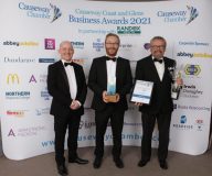 Causeway Chamber of Commerce Awards 2021 Agri Business of the Year - Glenn Murray from Bank of Ireland presenting to winners Gareth and Andrew Wilson of Wilson Agriculture Ltd.  04 Chamber Awards 2021