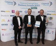 Causeway Chamber of Commerce Awards 2021 Agri Business of the Year - Glenn Murray from Bank of Ireland presenting to winners Gareth and Andrew Wilson of Wilson Agriculture Ltd.  04 Chamber Awards 2021