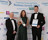 Causeway Chamber of Commerce Awards 2021 Agri Business of the Year Highly Commended - Glenn Murray from Bank of Ireland presenting to Alison and William Chestnutt of Chestnutts Farm. 05 Chamber Awards 2021