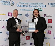 Causeway Chamber of Commerce Awards 2021 Accommodation of the Year Highly commended- Darren Ward, AIB presenting to winner Jasper McKeag of The Old Bushmills Barn. 06 Chamber Awards 2021