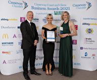 Causeway Chamber of Commerce Awards 2021 Best Marketing Initiative - Jeremy Eakin of Armstrong Medical presenting to winner Riada Resourcing represented by Claire Warke and Annita McCullough.  07 Chamber Awards 2021