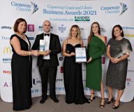 Presenting Best Start up Business by Jayne Taggart CEO of  Enterprise Causeway to John Turley with staff from Turley Legal at the Causeway Chamber of Commerce Awards 2021.  08 Chamber Awards 2021