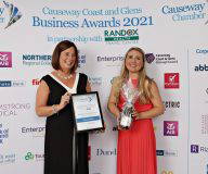 Presenting Best Start up Business Highly Commended by Jayne Taggart CEO of  Enterprise Causeway to Olivia Burns of Olivia's Haven at the Causeway Chamber of Commerce Awards 2021.   09 Chamber Awards 2021