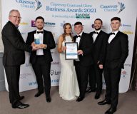 The Environmental Sustainability Award presented by Eddie McGoldrick of The Electric Storage Company to Mark McGillion and staff of Triex EV at the Causeway Chamber of Commerce Awards 2021.   13 Chamber Awards 2021
