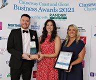 Excellence in Corporate Social Responsibility presented by Gary Thompson of Riada Resourcing to winner MCL Insure Tech's Kerry Beckett with Leigh Osborne of Action Cancer at the Causeway Chamber of Commerce Awards 2021.  14 Chamber Awards 2021