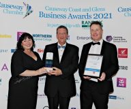 Causeway Chamber of Commerce Awards 2021 Good Food Award presented by Tina Young of First Choice Selection Services to winner Aldo Morelli and Mark Hamilton of Amici Restaurant.   17 Chamber Awards 2021