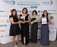 Causeway Chamber of Commerce Awards 2021 Social Enterprise of the Year presented by Jenny Holmes of McDonalds Coleraine to winner Jayne Taggart of The Designerie with Paula Hassen and Amanda Stephens. 23 Chamber Awards 2021