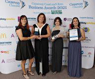 Causeway Chamber of Commerce Awards 2021 Social Enterprise of the Year presented by Jenny Holmes of McDonalds Coleraine to winner Jayne Taggart of The Designerie with Paula Hassen and Amanda Stephens.   23 Chamber Awards 2021