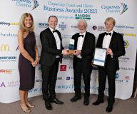 Causeway Chamber of Commerce Awards 2021 Tourism Business presented by Minister Gordon Lyons, Department of the Economy along with Elaine Moore of Tourism Ireland to winner Charlie Adjey and Andrew Bratton of Causeway Boats. 25 Chamber Awards 2021