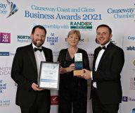 Causeway Chamber of Commerce Awards 2021 Training & Development Award presented by Professor Terri Scott, Ulster University with winners Thomas Holmes and Richard Hutchinson of Hutchinson Engineering.   26 Chamber Awards 2021