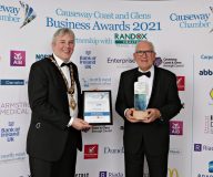 Causeway Chamber of Commerce Awards 2021 Lifetime Achievement to winner James Smyth of Smyth Steel presented by Mayor Councillor Richard Holmes, Coast & Glens Borough Council. 27 Chamber Awards 2021