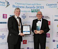 Causeway Chamber of Commerce Awards 2021 Lifetime Achievement to winner James Smyth of Smyth Steel presented by Mayor Councillor Richard Holmes, Coast & Glens Borough Council.   27 Chamber Awards 2021