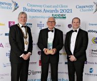 Causeway Chamber of Commerce Awards 2021 Lifetime Achievement winner James Smyth of Smyth Steel pictured with Mayor Councillor Richard Holmes, Coast & Glens Borough Council and Minister Gordon Lyons, Department of the Economy. 29 Chamber Awards 2021