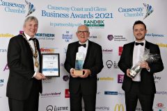 Causeway Chamber of Commerce Awards 2021 Lifetime Achievement to winner James Smyth of Smyth Steel presented by Mayor Councillor Richard Holmes, Coast & Glens Borough Council and pictured with Mark Boyd.   28 Chamber Awards 2021