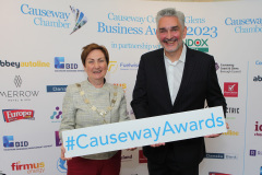 Causeway Chamber of Commerce President Anne-Marie McGoldrick with Dr Peter Bolan Director of International Tourism at the Ulster University sponsor of the People Development Award during the launch of the Causeway Business Awards 2023 ( #causewayawards ) held at the Lodge Hotel.     03 Awards Launch 2023