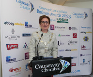 Causeway Chamber of Commerce President Anne-Marie McGoldrick welcoming sponsors and guests for the launch of the Causeway Business Awards 2023 ( #causewayawards ) held at the Lodge Hotel.       04 Awards Launch 2023