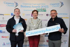 Causeway Chamber of Commerce President Anne-Marie McGoldrick with Clive Edgar & Dominc Dysart of Fuelwise sponsor of the Social Impact Award at the launch of the Causeway Business Awards 2023 ( #causewayawards ) held at the Lodge Hotel.      06 Awards Launch 2023