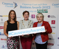 Causeway Chamber of Commerce President Anne-Marie McGoldrick with the sponsors of the Young Business Person of the Year award Karen Sweeney & Sue MacLaughlin of Bluebird Care at the launch of the Causeway Business Awards 2023 ( #causewayawards ) held at the Lodge Hotel.      07 Awards Launch 2023