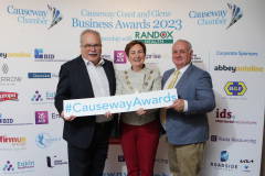 Causeway Chamber of Commerce President Anne-Marie McGoldrick with Ian Donaghey and Jamie Hamill of BID Coleraine sponsoring of the Retailer of the Year at the launch of the Causeway Business Awards 2023 ( #causewayawards ) held at the Lodge Hotel.      08 Awards Launch 2023