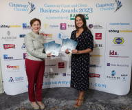 Causeway Chamber of Commerce President Anne-Marie McGoldrick pictured with Event Host Sarah Travers at the launch of the Causeway Business Awards 2023 ( #causewayawards ) held at the Lodge Hotel.      10 Awards Launch 2023