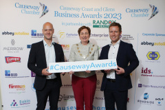 Causeway Chamber of Commerce President Anne-Marie McGoldrick with, from Danske Bank, Peter Houston and James Kilgore sponsoring the Business Growth Award at the launch of the Causeway Business Awards 2023 ( #causewayawards ) held at the Lodge Hotel.