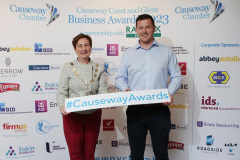 Causeway Chamber of Commerce President Anne-Marie McGoldrick with Mark Donnelly of the Merrow Hotel sponsoring the Food Producer of the Year award at the launch of the Causeway Business Awards 2023 ( #causewayawards ) held at the Lodge Hotel.      13 Awards Launch 2023