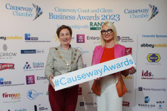 Causeway Chamber of Commerce President Anne-Marie McGoldrick with Arlene McConaghie of Riada Resourcing sponsoring the Community Impact Award at the launch of the Causeway Business Awards 2023 ( #causewayawards ) held at the Lodge Hotel.      16 Awards Launch 2023