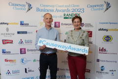 Causeway Chamber of Commerce President Anne-Marie McGoldrick with Patrick McLain of Eakin HealthCare sponsoring the Excellence in Marketing Award at the launch of the Causeway Business Awards 2023 ( #causewayawards ) held at the Lodge Hotel.      18 Awards Launch 2023