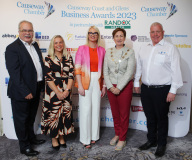 Corporate sponsors of the Causeway Chamber of Commerce with  President Anne-Marie McGoldrick at the launch of the Causeway Business Awards 2023 ( #causewayawards ) held at the Lodge Hotel are Ian Donaghey of IDS Chartered Accountants, Hazel Taylor of Abbey Autoline, Arlene McConaghie of Riada Resourcing, President Anne-Marie McGoldrick and from Roadside Garages David Boyd.    19 Awards Launch 2023