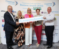 Corporate sponsors of the Causeway Chamber of Commerce with  President Anne-Marie McGoldrick at the launch of the Causeway Business Awards 2023 ( #causewayawards ) held at the Lodge Hotel are Ian Donaghey of IDS Chartered Accountants, Hazel Taylor of Abbey Autoline, Arlene McConaghie of Riada Resourcing, President Anne-Marie McGoldrick and from Roadside Garages David Boyd.      20 Awards Launch 2023