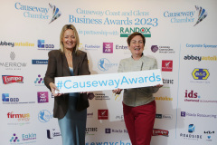 Causeway Chamber of Commerce Chief Executive Karen Yates with Anne-Marie McGoldrick of the Electric Storage Company sponsoring the Eco Champion Award at the launch of the Causeway Business Awards 2023 ( #causewayawards ) held at the Lodge Hotel.      21 Awards Launch 2023