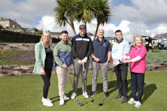 On the 1st tee at the Causeway Chamber of Commerce golf outing at Castlerock GC in association with Tara Cunningham of the charity Causeway Coast Dog Rescue are Annette Deighan from the Chamber, Mark McGillion, Adam McNeill, Matt Dickson all from Triex with Billy McCarthy of Amplified Recruitment.    05 Chamber Golf
