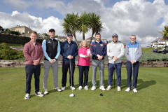 With Chamber President James Kilgore on the 1st tee at the Causeway Chamber of Commerce golf outing at Castlerock GC in association with Tara Cunningham of the charity Causeway Coast Dog Rescue are Bruce Kirkpatrick and Andy Oliver of Exorna, Tara Cunningham, Jordan Dallas of Dallas Mortgage, Andrew Thompson and Richard Nixon both from Exorna.     06 Chamber Golf