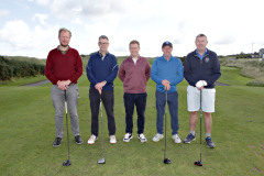 With Chamber President James Kilgore on the 1st tee at the Causeway Chamber of Commerce golf outing at Castlerock GC in association with the nominated charity Causeway Coast Dog Rescue are Danske Bank guests James Wright, Dominic O'Neill, Mark McSwiggan and from Danske Bank Nigel Scott. 09 Chamber Golf