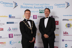 Chamber President James Kilgore with Vice President Steven Frazer of the City of Derry Airport at the Causeway Chamber of Commerce Awards 2023 in partnership with Randox Health held at the Lodge Hotel.      01 Chamber Awards Corporate 2023