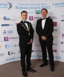 Chamber President James Kilgore with Vice President Steven Frazer of the City of Derry Airport at the Causeway Chamber of Commerce Awards 2023 in partnership with Randox Health held at the Lodge Hotel.      02 Chamber Awards Corporate 2023