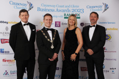 At the Causeway Chamber of Commerce Awards 2023 in partnership with Randox Health held at the Lodge Hotel are Derry Chamber Vice President Gregg McCann, Causeway Chamber President James Kilgore with  Karen Yates, CEO Causeway Chamber and Causeway Chamber Vice President Steven Frazer.    03 Chamber Awards Corporate 2023