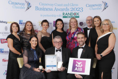 ACCOMMODATION OF THE YEAR-Sponsored by AIB (award presented by Jason Webster on behalf of AIB) goes to Roe Park Resort George Graham General Manager with staff at the Causeway Chamber of Commerce Awards 2023 in partnership with Randox Health held at the Lodge Hotel.    04 Chamber Awards 2023