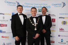 At the Causeway Chamber of Commerce Awards 2023 ceremony in partnership with Randox Health held at the Lodge Hotel are Derry Chamber Vice President Gregg McCann, Causeway Chamber President James Kilgore with Causeway Chamber Vice President Steven Frazer.    05 Chamber Awards Corporate 2023