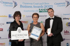FOOD PRODUCER OF THE YEAR goes to Joanne McKirgan and Gavin Glendinning of Europa Foods presented by Vivien Gilhome of MERROW HOTEL & SPA at the Causeway Chamber of Commerce Awards 2023 in partnership with Randox Health held at the Lodge Hotel.      06 Chamber Awards 2023