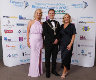 Corporate Sponsors, attending the Causeway Chamber of Commerce Awards 2023 ceremony in partnership with Randox Health held at the Lodge Hotel, are, from Riada Resourcing, Arlene McConaghie and Angela Stewart from Abbey Autoline with Causeway Chamber President James Kilgore.    06 Chamber Awards Corporate 2023
