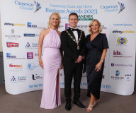 Corporate Sponsors, attending the Causeway Chamber of Commerce Awards 2023 ceremony in partnership with Randox Health held at the Lodge Hotel, are, from Riada Resourcing, Arlene McConaghie and Angela Stewart from Abbey Autoline with Causeway Chamber President James Kilgore. 06 Chamber Awards Corporate 2023