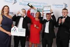 EXCELLENCE IN MARKETING AWARD going to Dominic Dysart of Fuelwise Network Ltd with Hanna Reeves, Clive Edgar and Colum McMillan presented by Andi Regan-Murphy of sponsor EAKIN HEALTHCARE at the Causeway Chamber of Commerce Awards 2023 in partnership with Randox Health held at the Lodge Hotel. 10 Chamber Awards 2023
