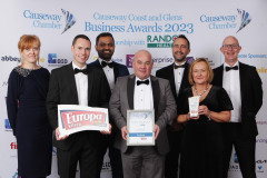 EXCELLENCE IN INNOVATION goes to Peter Francis with Helen Boyd along with the staff of Nicobrand presented by sponsor Gavin Glendenning of EUROPA FOODS at the Causeway Chamber of Commerce Awards 2023 ceremony in partnership with Randox Health held at the Lodge Hotel.    29 Chamber Awards 2023